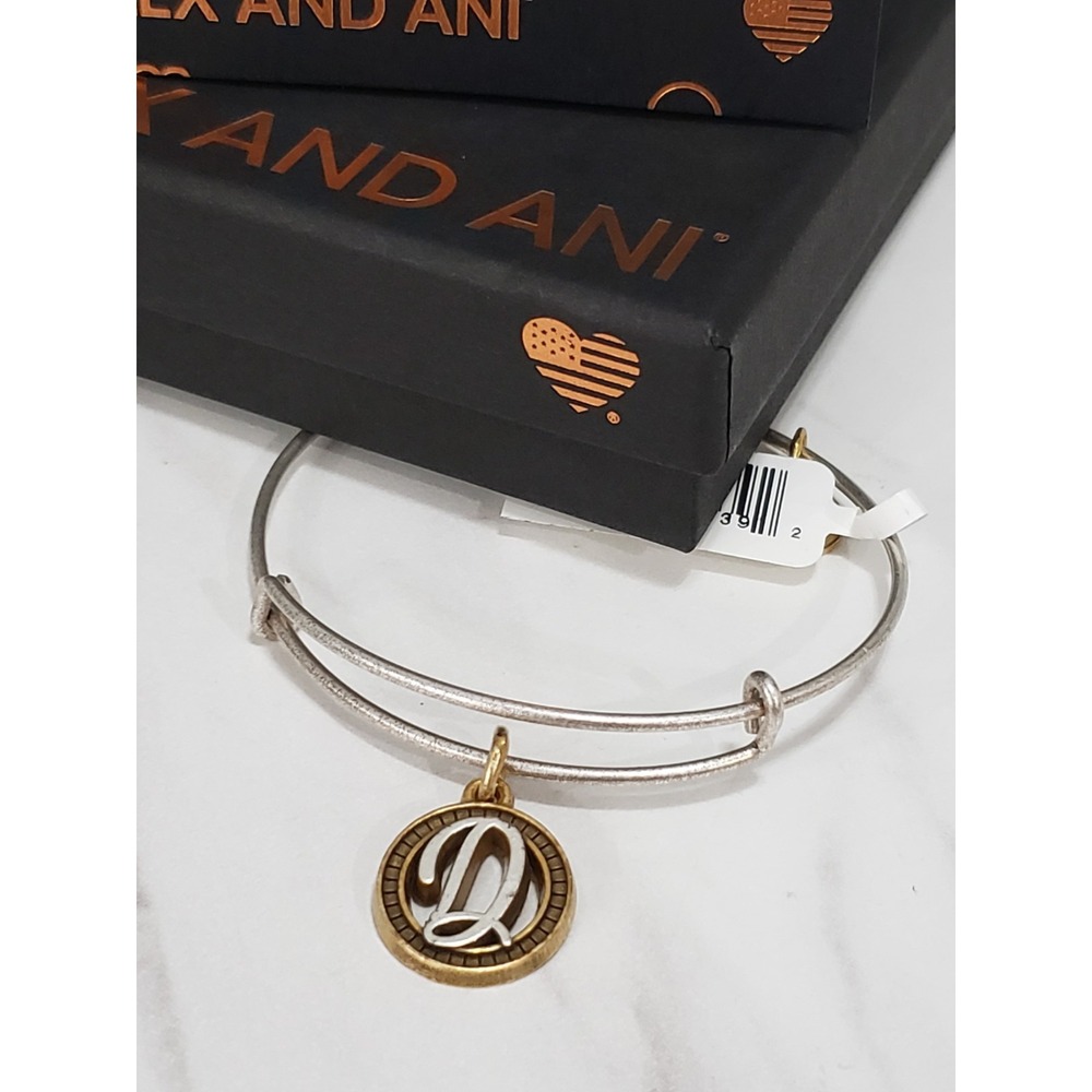 NEW ALEX AND ANI INITIAL D RAFAELIAN SILVER TONE BANGLE BRACELET ADJUSTABLE